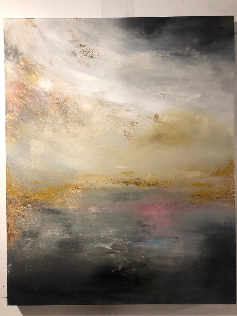 Gold Leaf Pink Grey Abstract Painting by ErinEliseArtiste 24 x 36 image 3