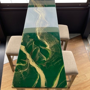 Custom Emerald Green, Gold, Black Console Bar Coffee Narrow Thin Resin Handmade Table