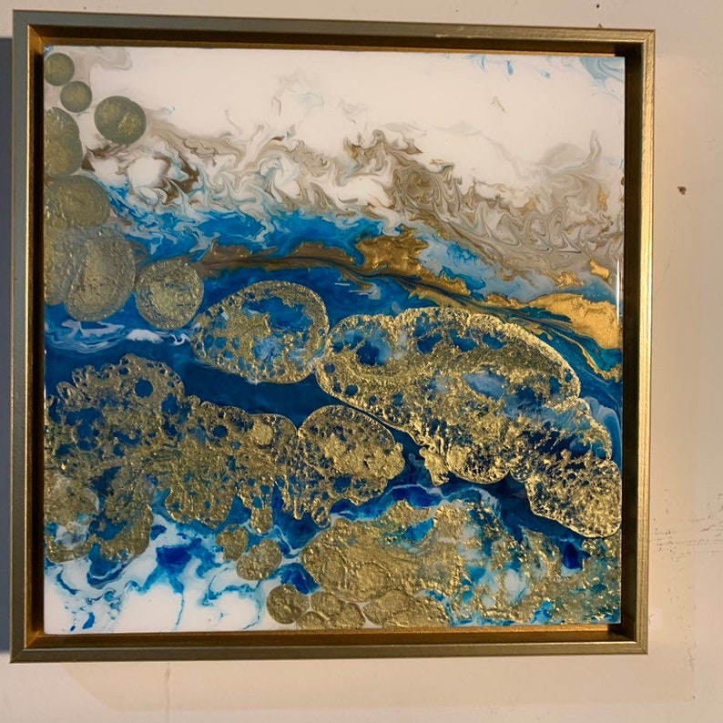 Commission these colors Gold Turquoise Ocean Abstract Painting in 12 x 12 framed Golden Islands Resin Coated image 1