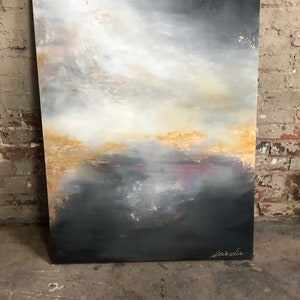 Gold Leaf Pink Grey Abstract Painting by ErinEliseArtiste 24" x 36"