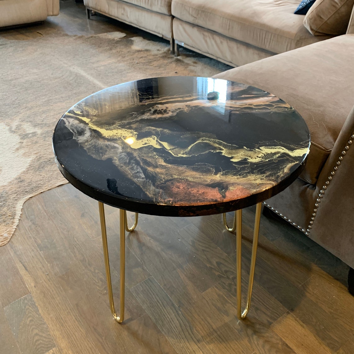 23 Black Gold Blush Resin Side Table with hairpin legs Etsy
