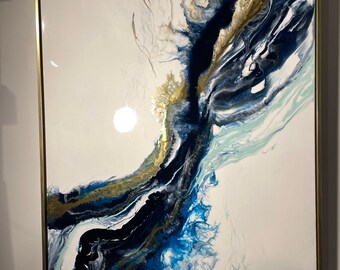 樹脂エポキシで描いた抽象的な波模様の海の絵画｜ブルーゴールドホワイトターコイズアート