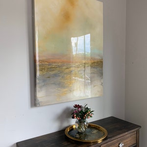 Large Landscape Abstract Gold and White Resin Painting, 30 x 40 on wood Endings are new Beginnings image 2