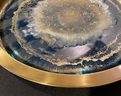 Druzy Ocean Platter Gold Navy Blue Lapis Tray 15” Resin Serveware Serving