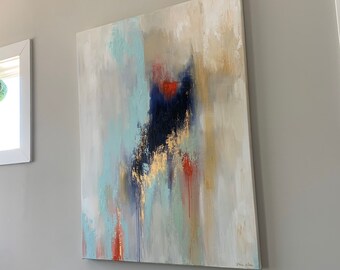 Large Gold Leaf Abstract Painting, White, Navy, Coral 36” x 48”