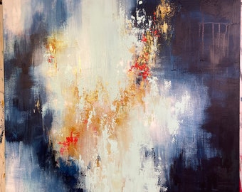 Large Abstract Painting / Navy Gold Red Yellow White Blues / Contemporary Art 36 x 36 | “Lightning Dreams”