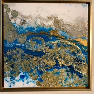 Commission these colors Gold Turquoise Ocean Abstract Painting in 12 x 12 framed Golden Islands Resin Coated image 2