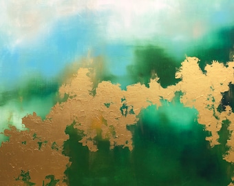 Commission these colors - Green Gold Leaf Landscape Abstract Painting "Spring Greening" series 30" x 40" on canvas