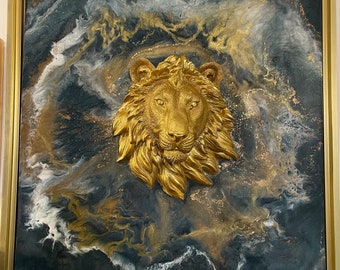 Lion Art | Gold Blue White Painting | Original Resin Art Beast Collection |  | Gold Framed 20”x 20”