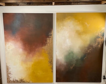 Large Abstract Neutral Calm Art Painting / Eggplant Purple, Yellow, Brown, White, Neutrals Gold Leaf /  48” x 72” / “Aerial Storm”