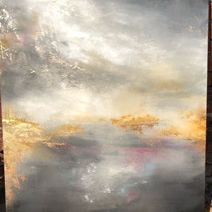 Gold Leaf Pink Grey Abstract Painting by ErinEliseArtiste 24 x 36 image 9