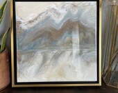 Blue Abstract Resin Art | Framed Painting | Blue and Gold Abstract Landscape Mountains Lake | Mirror Mirror | 12" x 12"