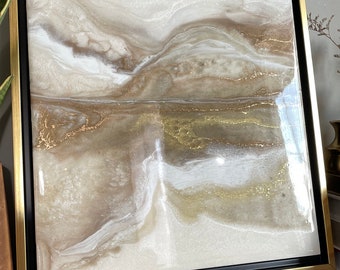 Abstract Neutral Framed Resin Painting | Landscape Art | Cream Caramel Brown White Gold | Small | Mountain Lake | 12” x 12"