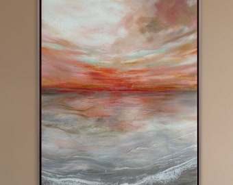 Relaxing Sunset Ocean Painting | Mixed Media Resin Wave | 36" x 48" | Pink Gold Gray White