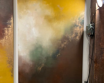Large Abstract Neutral Calm Art Painting / Brown, Yellow, Gold Leaf /  48” x 72” / “Aerial Storm”