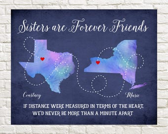 Sister Map, Long Distance Map, Sisters are Forever Friends, Sister Gift, Sister Moving Away, Distance, Long Distance Map picture, Sister