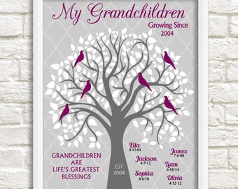 May include: A gray and white tree with pink birds on the branches. The text "My Grandchildren Growing Since 2004" is at the top of the image. The text "Grandchildren Are Life's Greatest Blessings" is on the left side of the image. The text "EST 2004" is on the right side of the image. Below the tree are the names of the grandchildren and their birthdates.