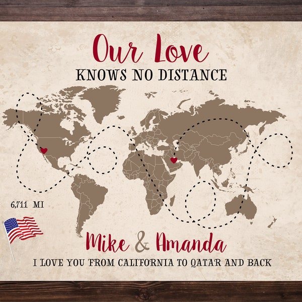Long Distance Relationship Map, World Map, Deployment Gift, Personalized Map, Gift for Boyfriend, Gift for Husband, Fiance, Love, Military