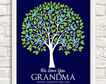 May include: A blue and green tree with blue birds on the branches. The text "We Love You Grandma" is below the tree, followed by a list of names: Lindsay, Charlotte, Erin, Liam, Michael John, Emily, Chloe, Marissa, Ella & Alex.