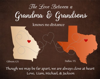 Grandma Gift, Long Distance Grandma Gift, Personalized Gift for Grandmother, Long Distance Map, Custom Gift Mothers Day, Grandson Love