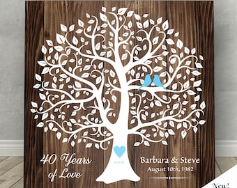 Puede incluir: Una placa de madera con un diseño de árbol blanco, dos pájaros azules y un corazón azul. El texto "40 Years of Love" y "Barbara & Steve August 10th, 1982" está impreso en la placa. La placa mide 30,5 cm por 30,5 cm y está lista para colgar.