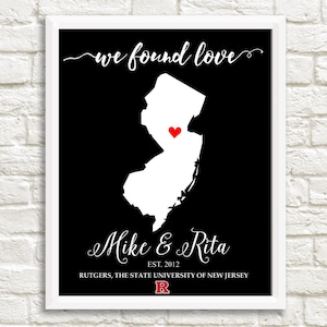 Valentine&#39;s Day, Couple&#39;s State Art, Rutgers Couple&#39;s Map, Personalized State Art, Anniversary Gift, Bridal Shower Gift, Housewarming Gift