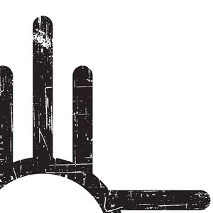 Pode incluir: Design gr&aacute;fico preto e branco de uma m&atilde;o estilizada com tr&ecirc;s dedos e uma linha curva formando um arco.