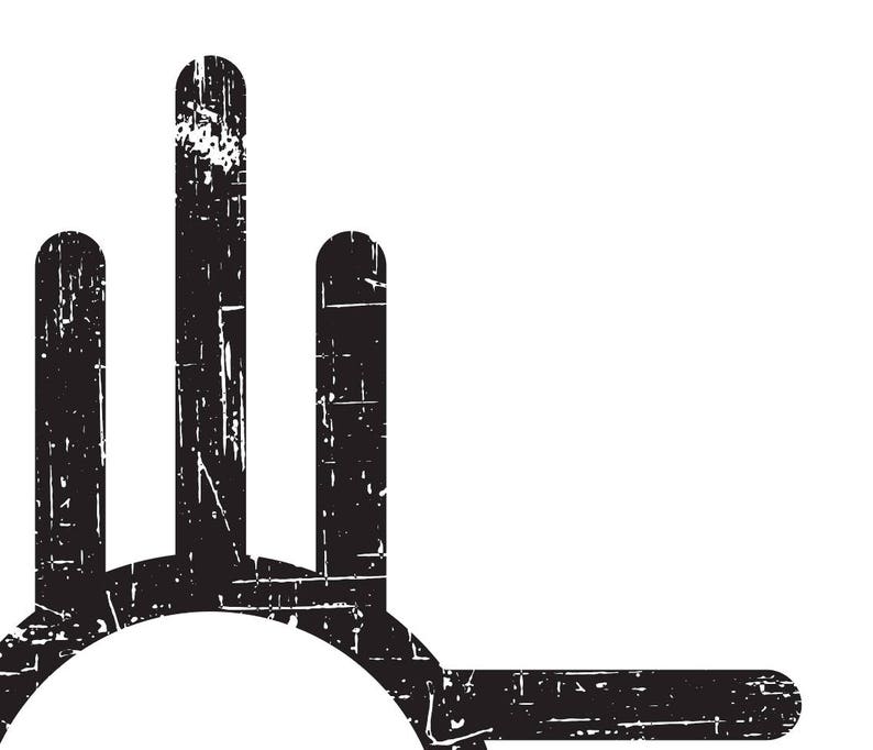 Pode incluir: Design gr&aacute;fico preto e branco de uma m&atilde;o estilizada com tr&ecirc;s dedos e uma linha curva formando um arco.