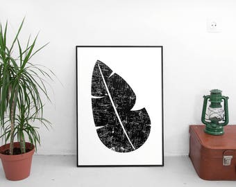 Banana Leaf, Black and White Print, Distressed Poster, Garden Print, Printable, Printables, Jungle Art