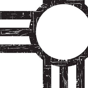 Pode incluir: Um design gr&aacute;fico preto e branco com um c&iacute;rculo no centro e tr&ecirc;s linhas horizontais de cada lado do c&iacute;rculo.