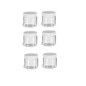 Pode incluir: Conjunto de seis frascos de plástico transparente com tampas brancas. Os frascos são pequenos e cilíndricos, perfeitos para guardar pequenos objetos.