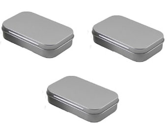 Three Rectangular Tin 3.8" par 2.45" Metal Tin Container Altoids Type Hinged Lid for Cosmetics Spices Crafts Teas Skincare Soap Survival