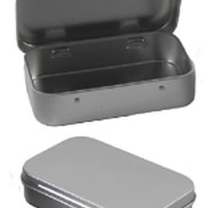 May include: A silver metal rectangular tin box with a hinged lid. The box is empty and the lid is open.