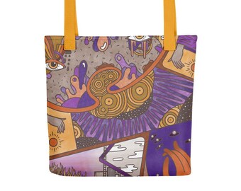 Spooky Original Art Tote Bag | Illustrated Comic Grocery Sack | Funky Eco-Friendly Reusable Shopping Tote - Purple, Orange, and Yellow