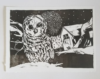 Black and White Owl Woodcut Print - 'Is This an Omen, Too?'