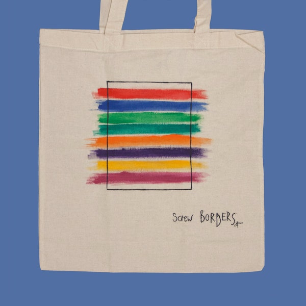No borders tote bag to stop hate, stop racism, stop homophobia and stop sexism, sustainable colourful cotton unisex shopping bag