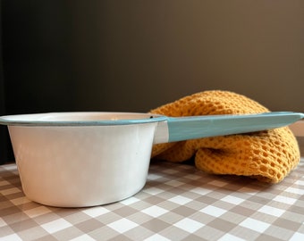 Vintage White Enamel Sauce Pan with Aqua Trim