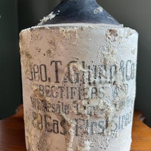 Antique Decorative Stoneware Liquor Jug - New York Memorabilia - Oswego NY  - East First Street - Geo. T. Glynn & Co.