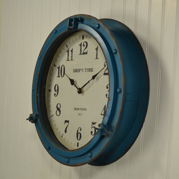 Porthole Clock in Antique Blue 17"