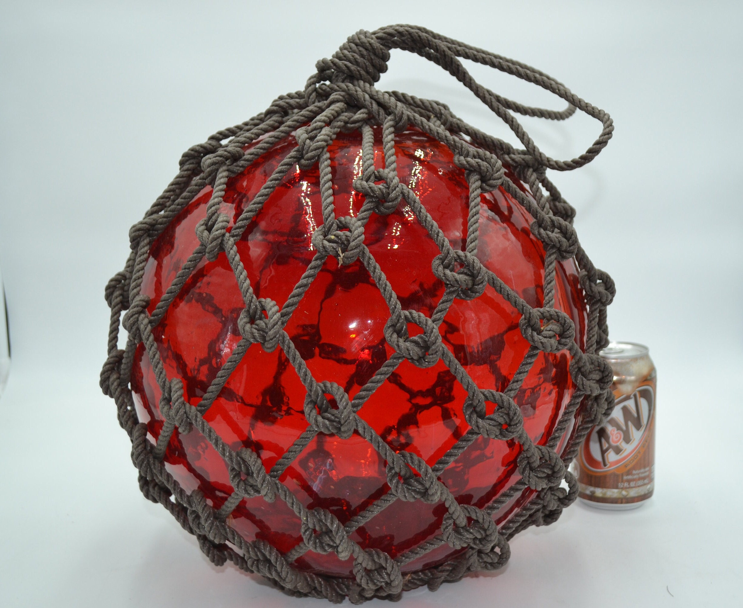 DRH - Red Nautical Glass Japanese Fishing Float - Glass Float Ball -  Nautical Decor with Brown Roped Net - Tiki Decoration Nautical Fish Net  Buoy 