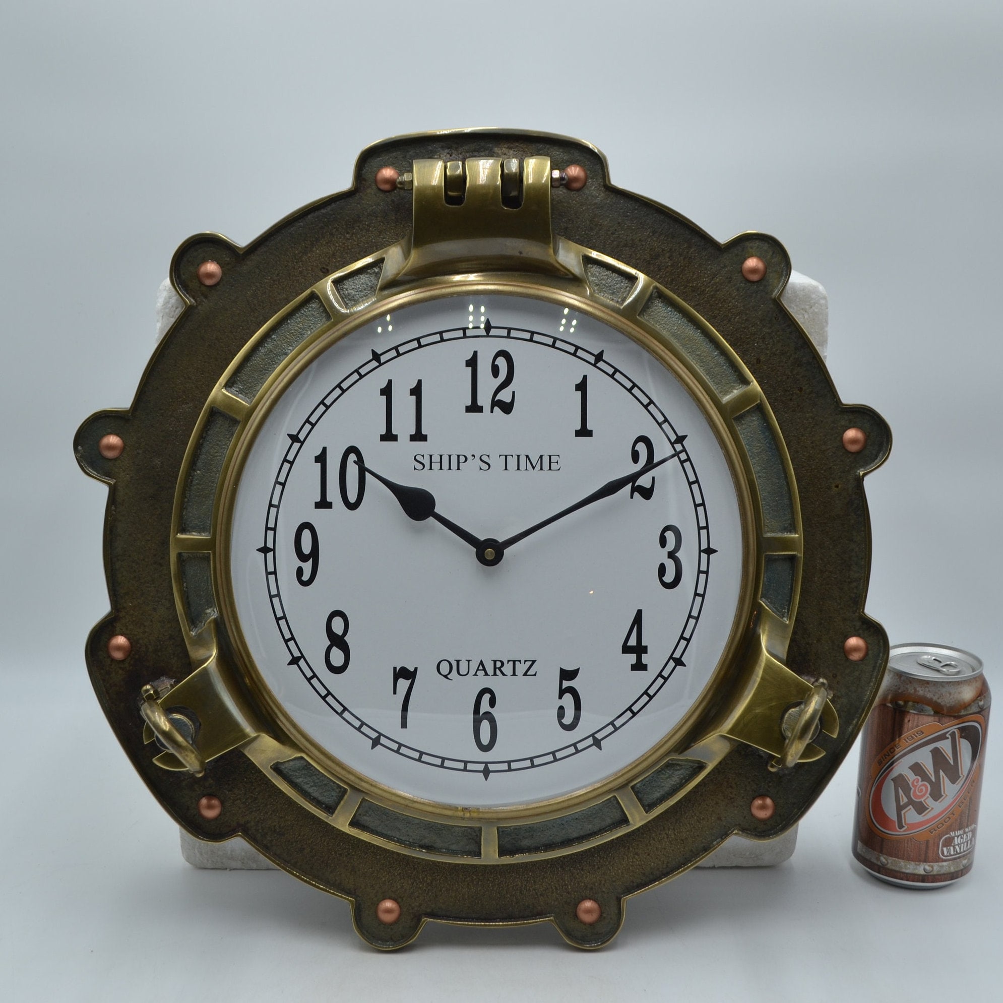 13.75 Polished Brass Quartz Porthole Clock