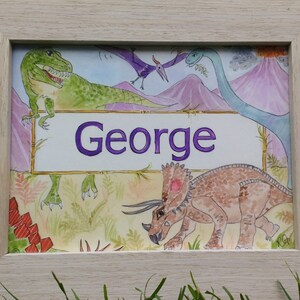 Personalised Childrens Name Painting – New Baby Girl / Boy Gift Idea - Kids Nursery Wall Art – Custom Handpainted Name Print - Dinosaurs