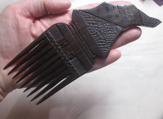 Antique Carved Wood Back Comb Vintage Haircomb 18… - image 1