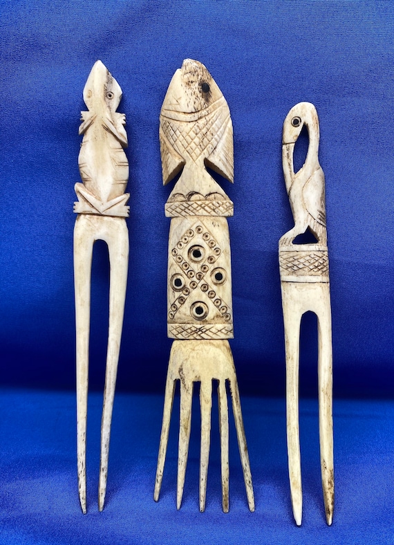 Vintage Carved Bone Set of Three Antique Hairpins