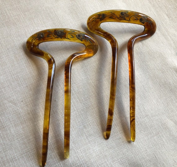 Vintage Set of Etched Celluloid Hairpins Antique H