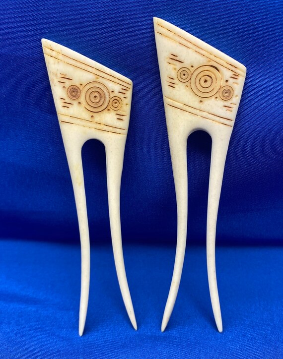 Vintage Carved Bone Set of Two Antique Hairpins