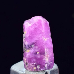 Puede incluir: Una gema de rubí en bruto sin cortar. El rubí es de un tono rosa vibrante con una superficie texturizada. La gema se muestra sobre un fondo oscuro, resaltando su belleza natural. Este espécimen mineral es único.