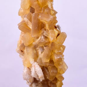 May include: A cluster of golden-yellow mineral crystals, with a mix of rectangular and irregular shapes. The crystals are arranged in a vertical formation, with a base of white, granular material. The overall appearance is rough and textured.