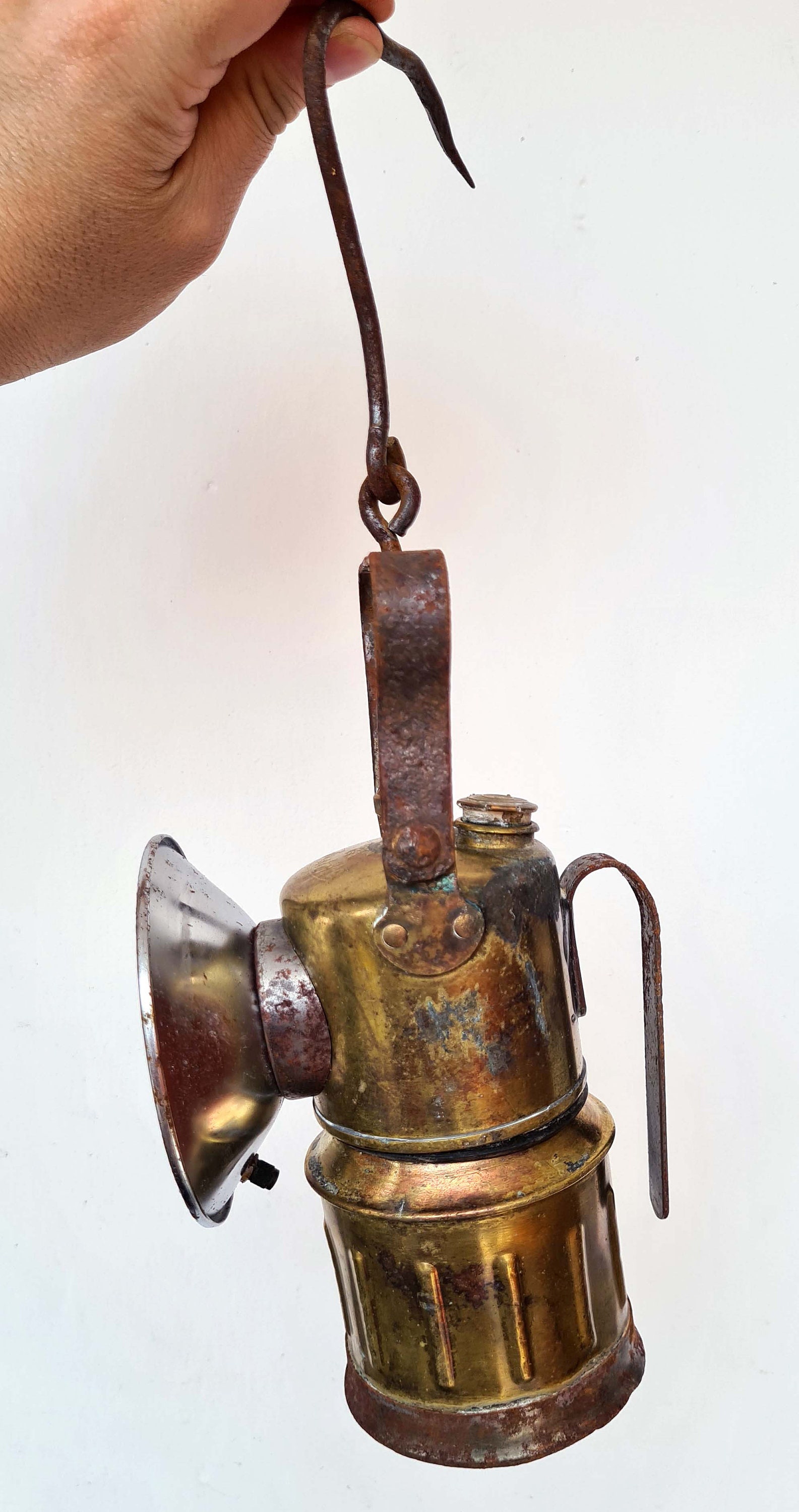 Antique Streamlined Justrite Brass Coal Miner's Carbide Helmet Light Lamp  Mining