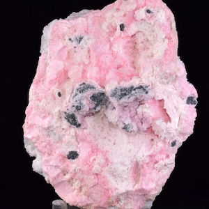 May include: A pink mineral specimen with black and white inclusions. The rock has a rough, textured surface and varying shades of pink. The mineral is displayed against a black background.